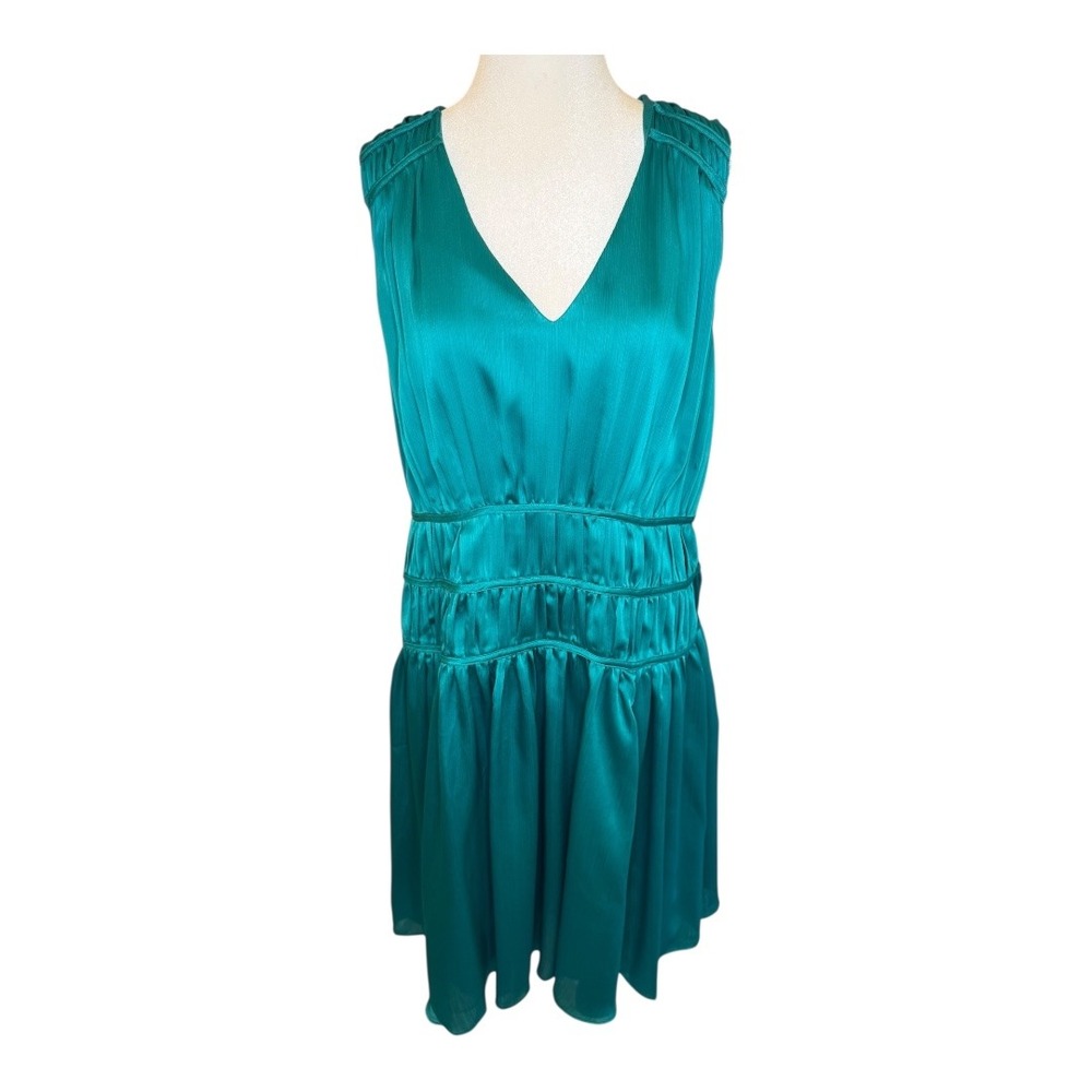 Trina Turk Teal Satin V-Neck Midi Dress